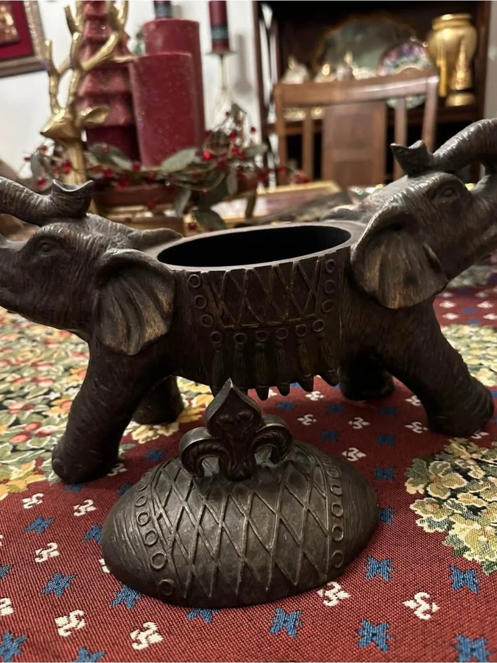 Antique-Style Bronze Elephant Decorative Box - Brown